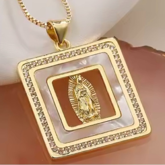 “Our Lady of Guadelupe” Virgin Mary Mother of Pearl Square Framed 18K Necklace